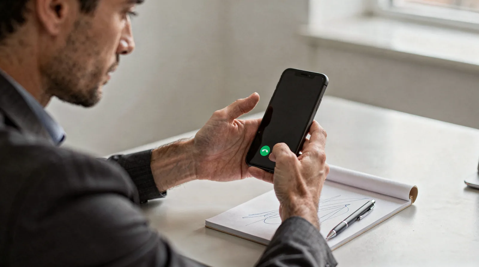 Man using smartphone to contact emergency garage door repair services, with a notepad and pen