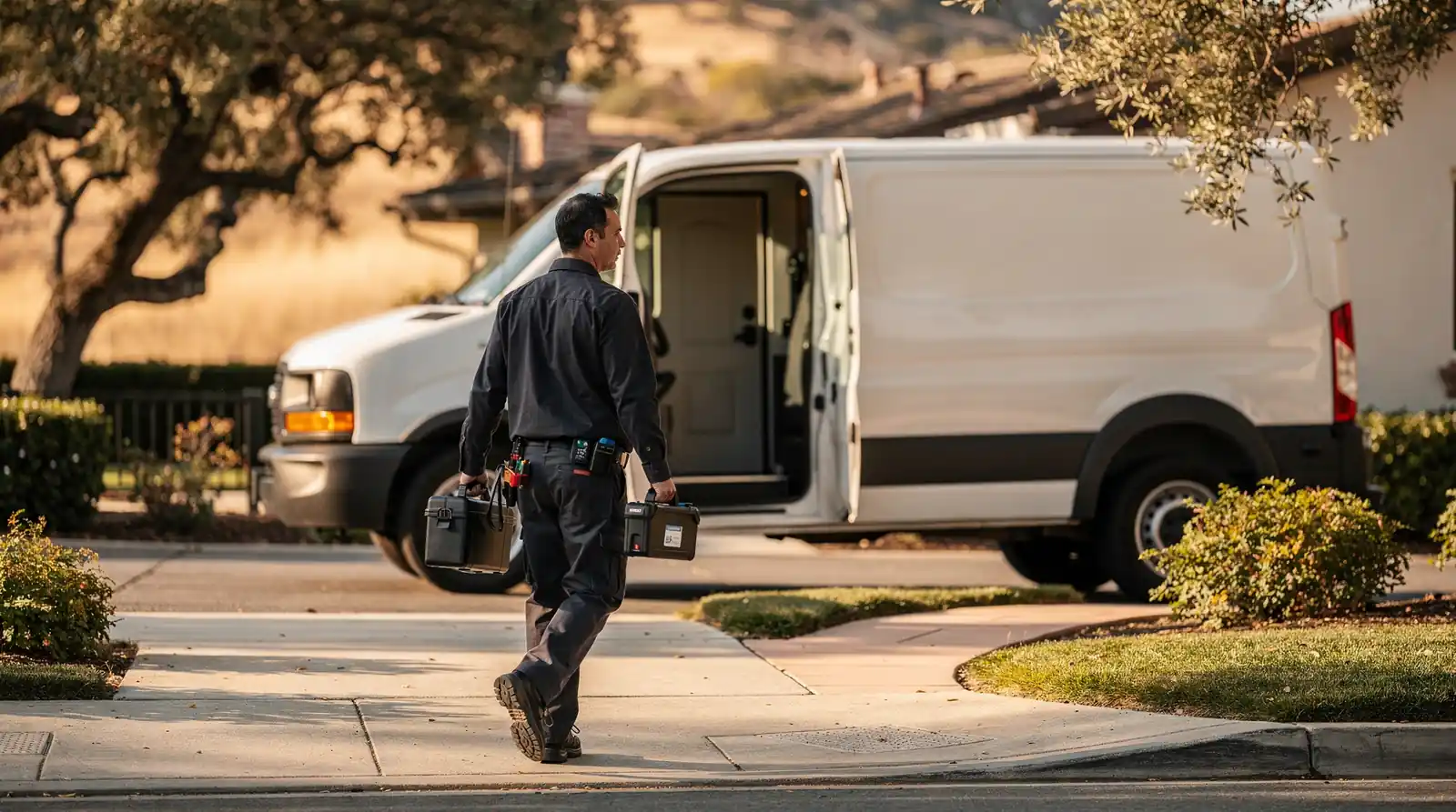 Archway Garage Doors technician walking toward a van for emergency garage door repair in Thousand