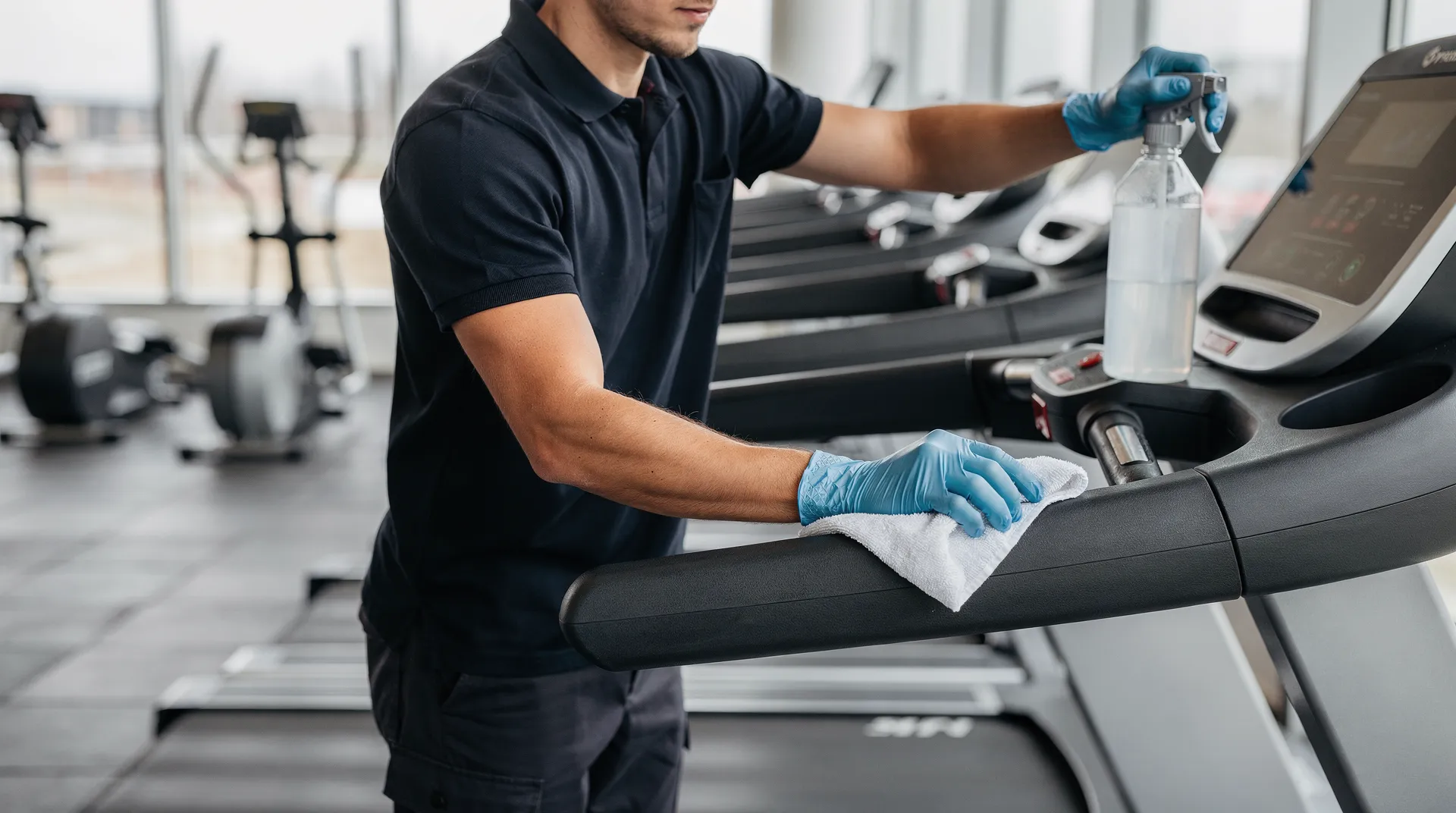 Professional gym cleaning targets sweat, bacteria, and germs in high-traffic areas, disinfecting equipment and sanitizing