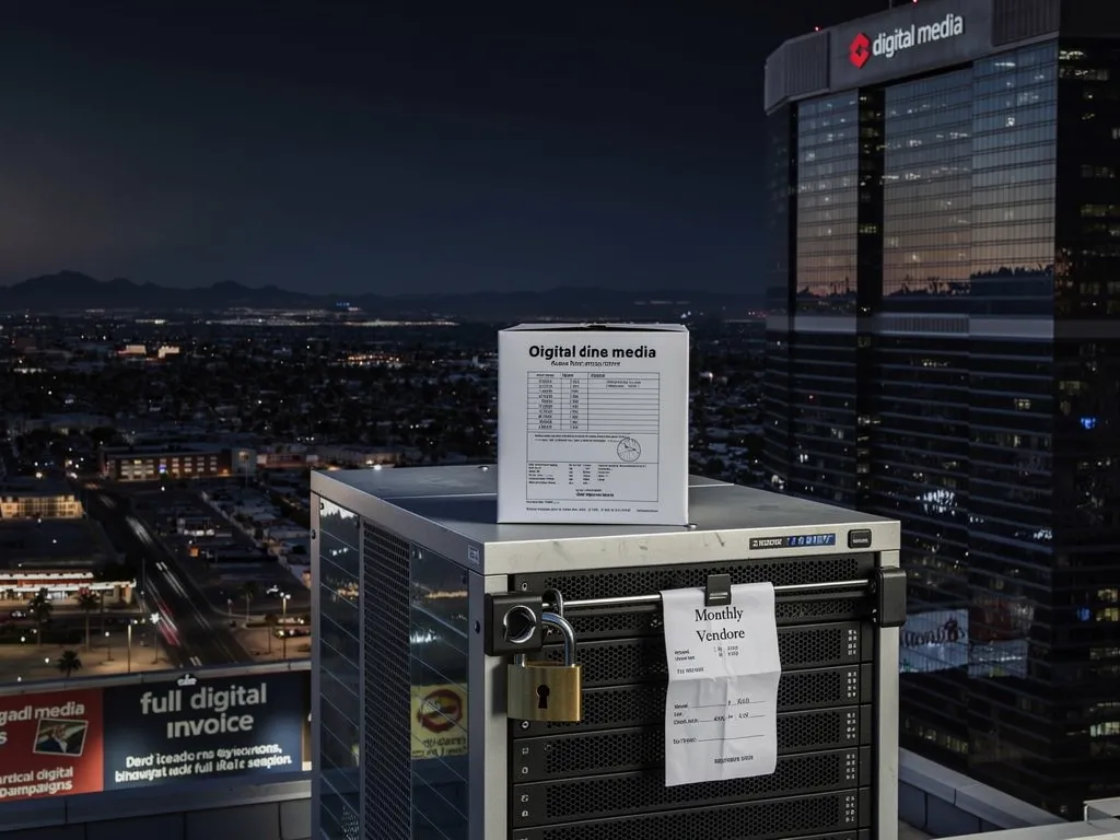 Locked monolithic server tower with recurring billing invoice representing SaaS CRM vendor lock-in