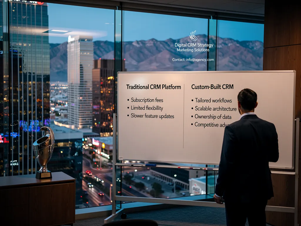 Decision-maker at a whiteboard comparing traditional CRM monolith versus custom agentically engineered CRM pros and