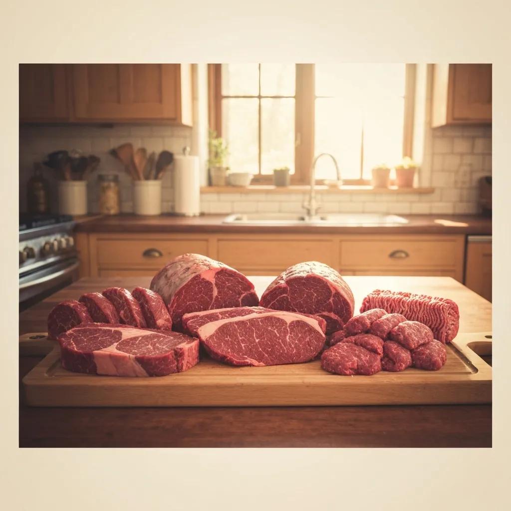 Selection of beef cuts from a half beef share arranged on a cutting board to show what you can expect