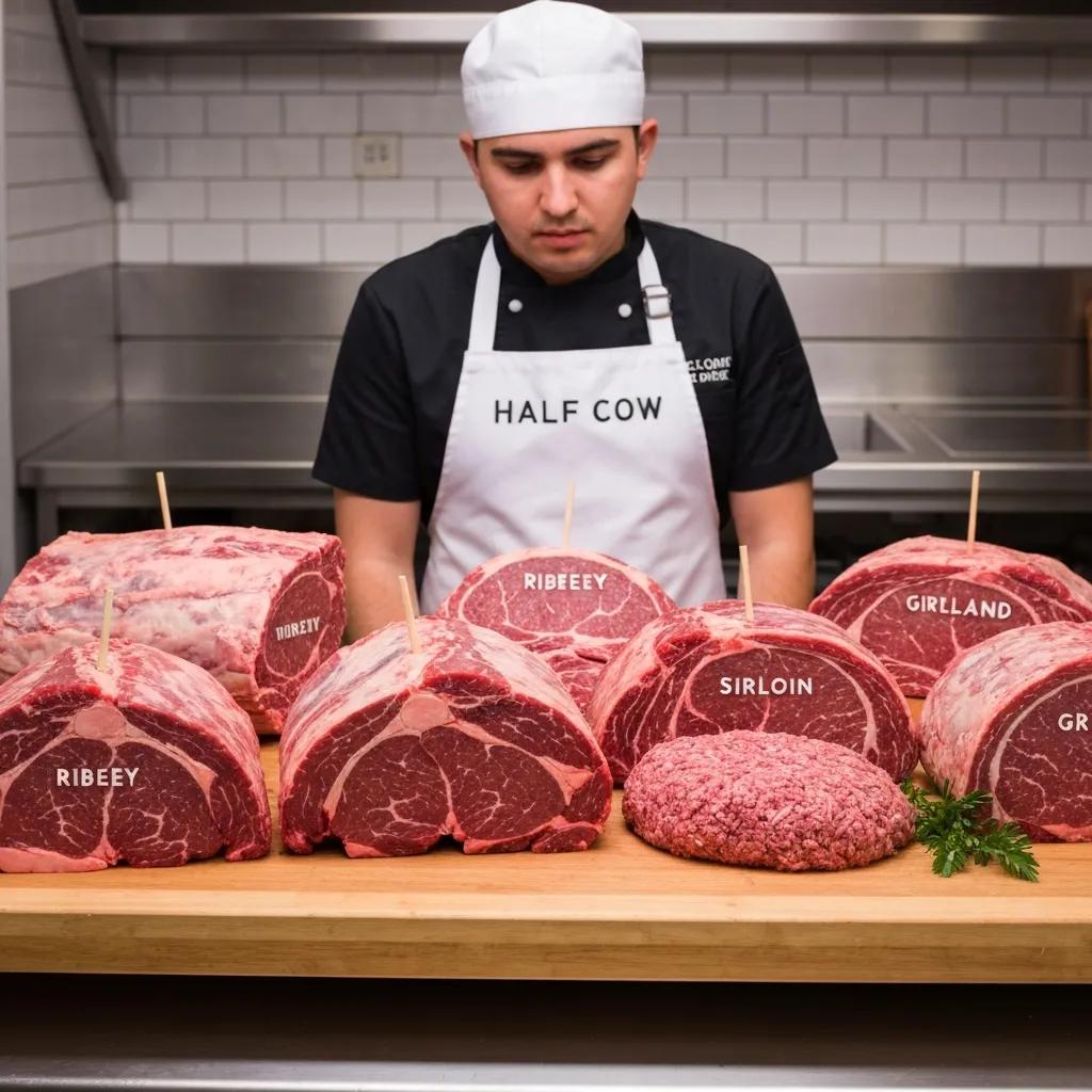 Selection of beef cuts from a half cow share arranged on a butcher block