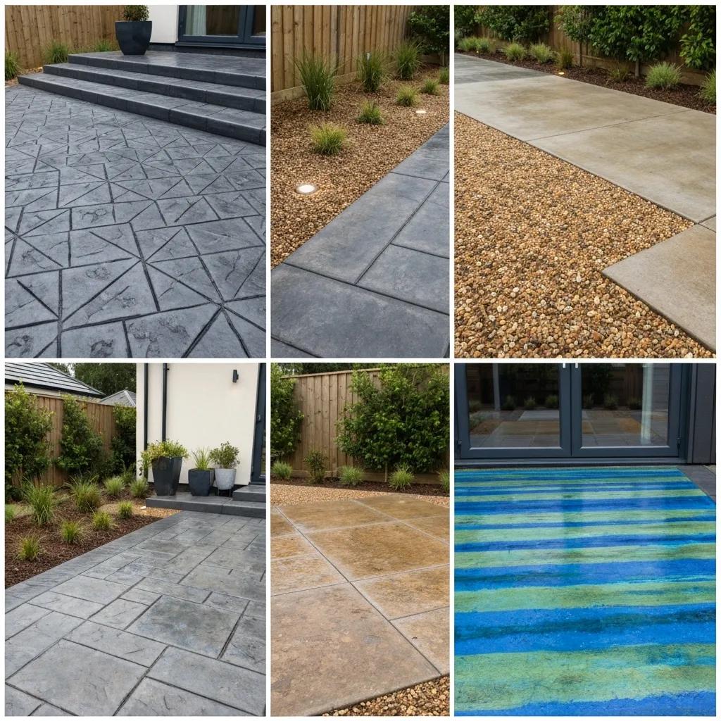 Variety of concrete patio designs showcasing stamped, exposed aggregate, and colored finishes