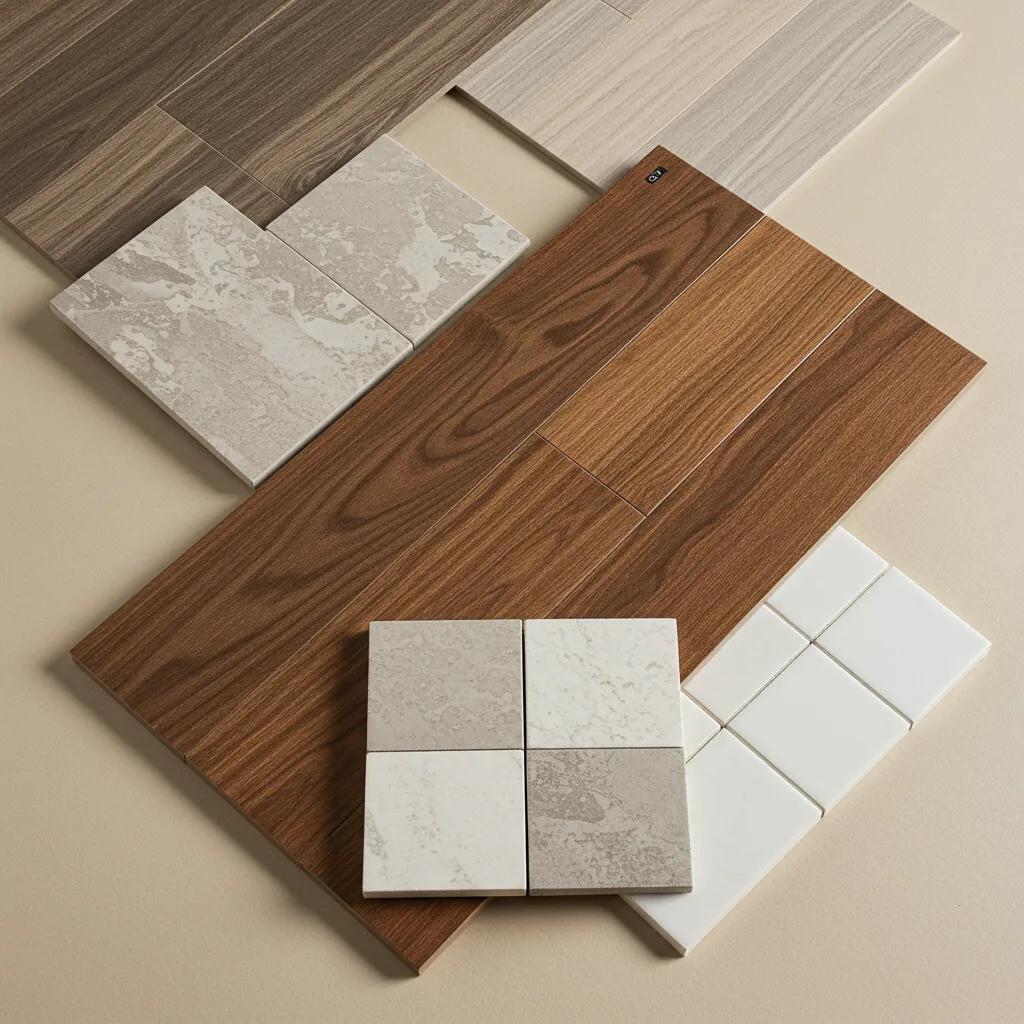 Selection of flooring samples — luxury vinyl, engineered hardwood and porcelain — illustrating durability and value choices