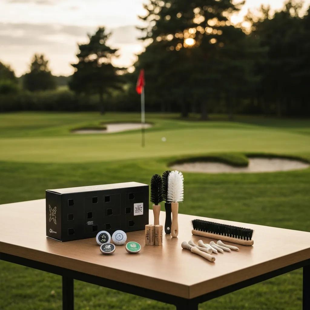 Variety of golf accessories from the advent calendar displayed on a golf course table