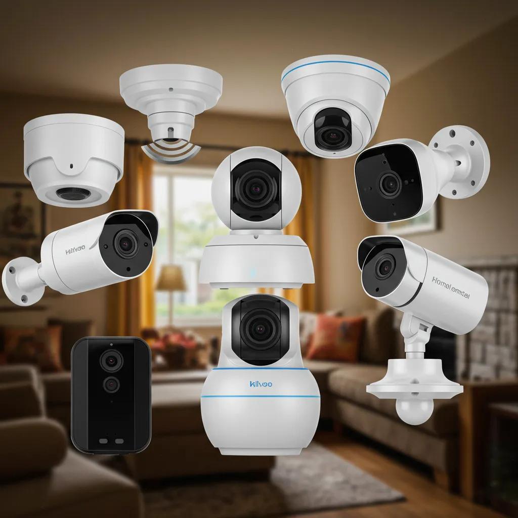 Variety of home security cameras showcasing features in a cozy home environment