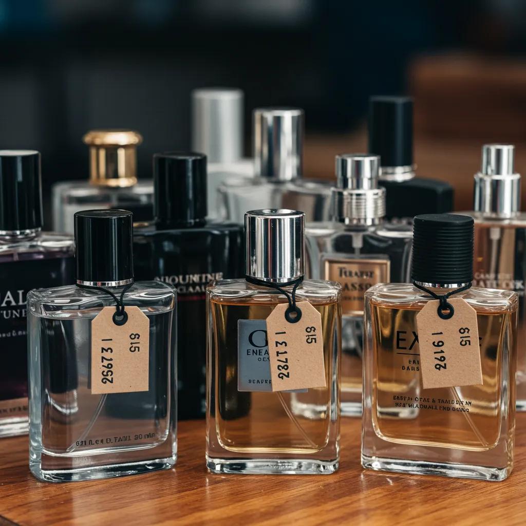 Variety of men's colognes with visible price tags, showcasing value and selection