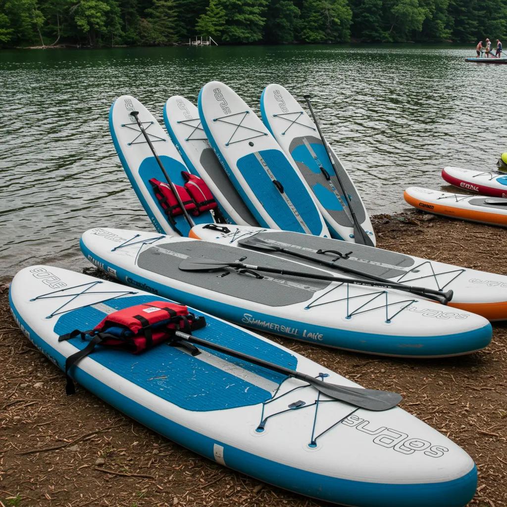 A vibrant variety of paddleboards ready for rent at Summersville Lake, showcasing the perfect options for every visitor's adventure.