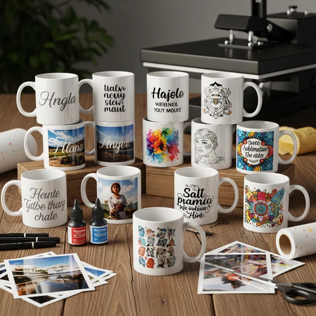 Variety of personalized coffee mugs demonstrating different customization techniques