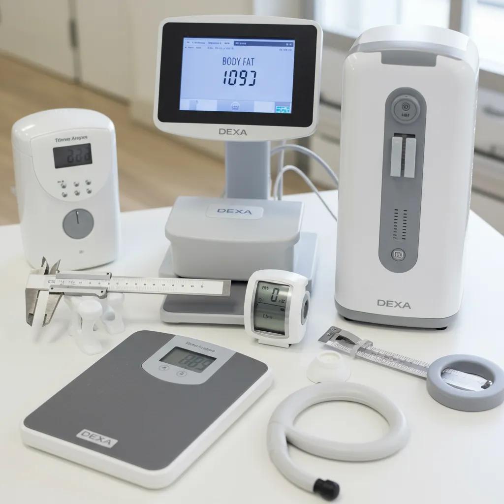 Various body fat measurement tools including caliper, DEXA scan machine, and bioelectrical impedance scale on a table