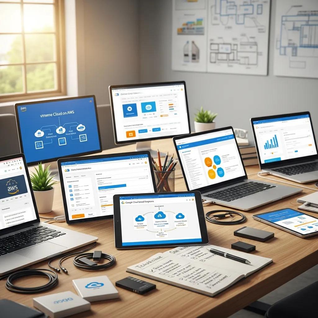 Various cloud migration tools displayed on a desk emphasizing technology and efficiency Various cloud migration tools displayed on a desk emphasizing technology and efficiency