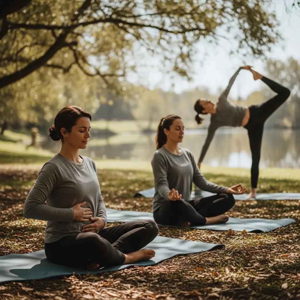 People practicing complementary relaxation methods outdoors to illustrate how different techniques work together to reduce tension People practicing complementary relaxation methods outdoors to illustrate how different techniques work together to reduce tension