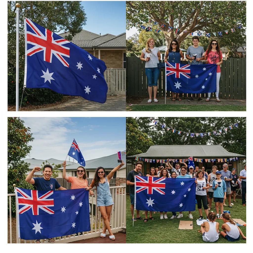 Various creative display ideas for a 90cm x 150cm Australian flag during Australia Day celebrations