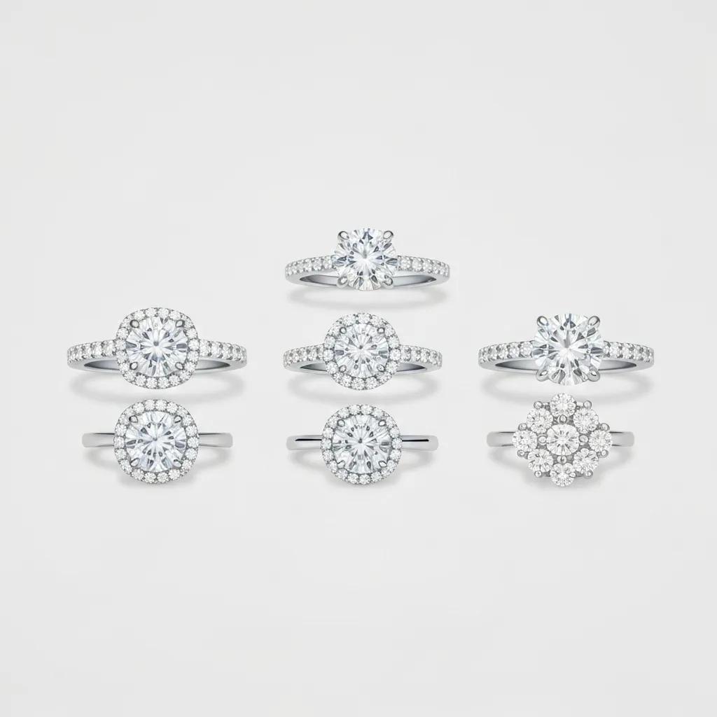 Various engagement ring settings including solitaire, halo, and cluster styles displayed elegantly
