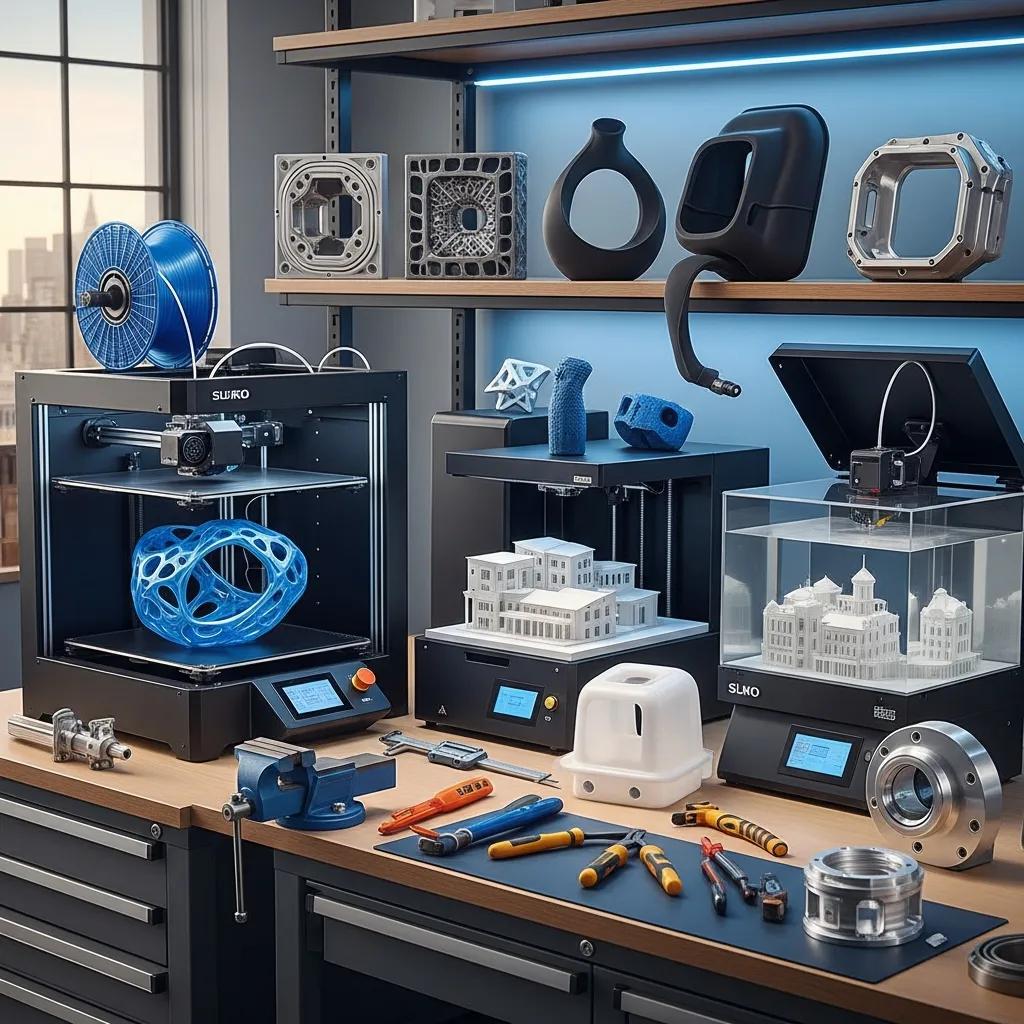 A selection of 3D printers and prototyping equipment in a workshop