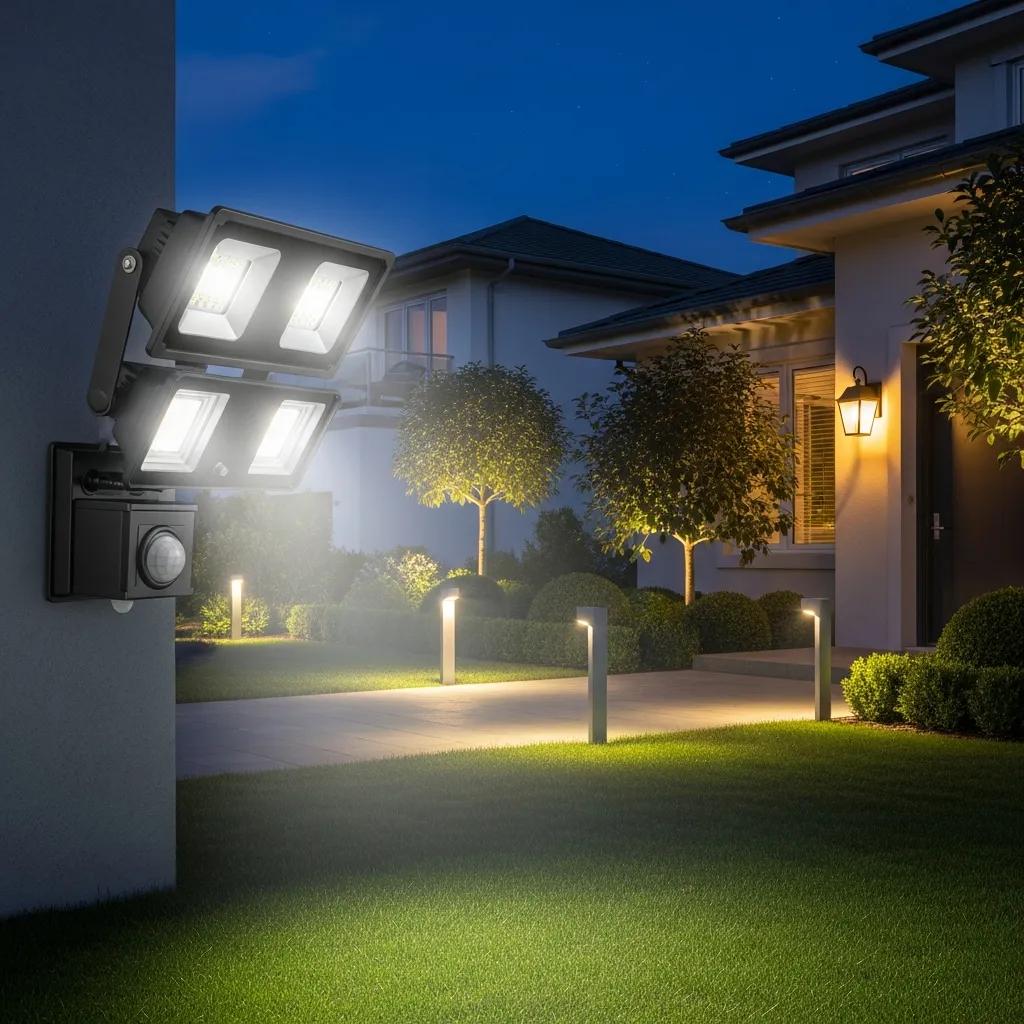Various types of outdoor security lights including motion sensor floodlights and LED pathway lights in a residential setting