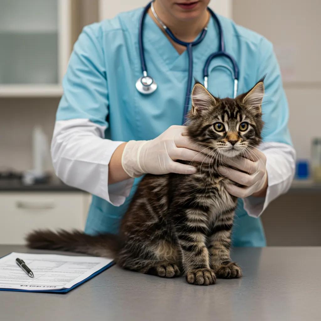 Veterinarian examining a Maine Coon kitten with health documents in a clinic