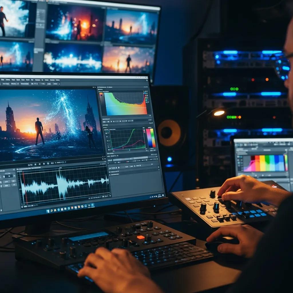 Video editor applying advanced color grading techniques in a high-tech studio