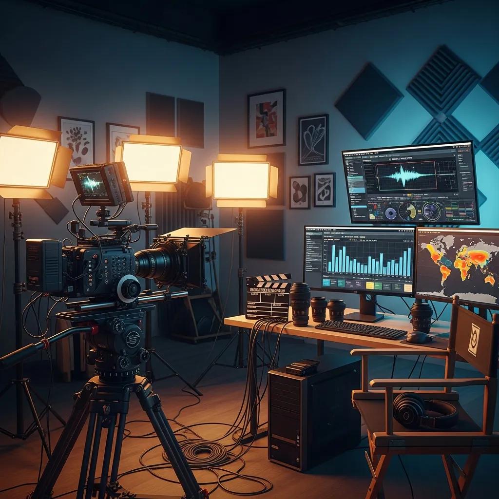 Video production setup with analytics visible on a monitor