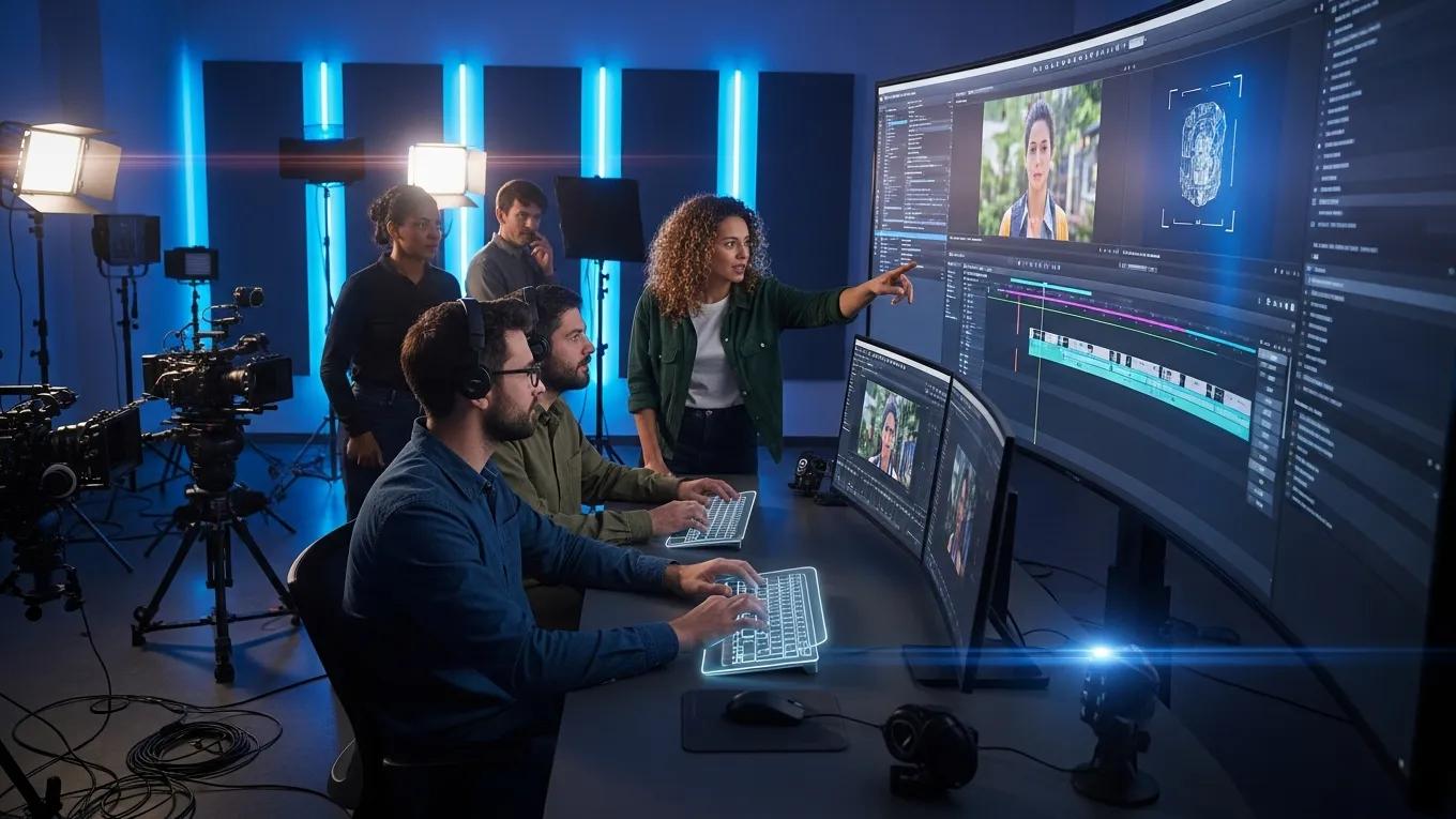 Video production team utilizing AI editing software