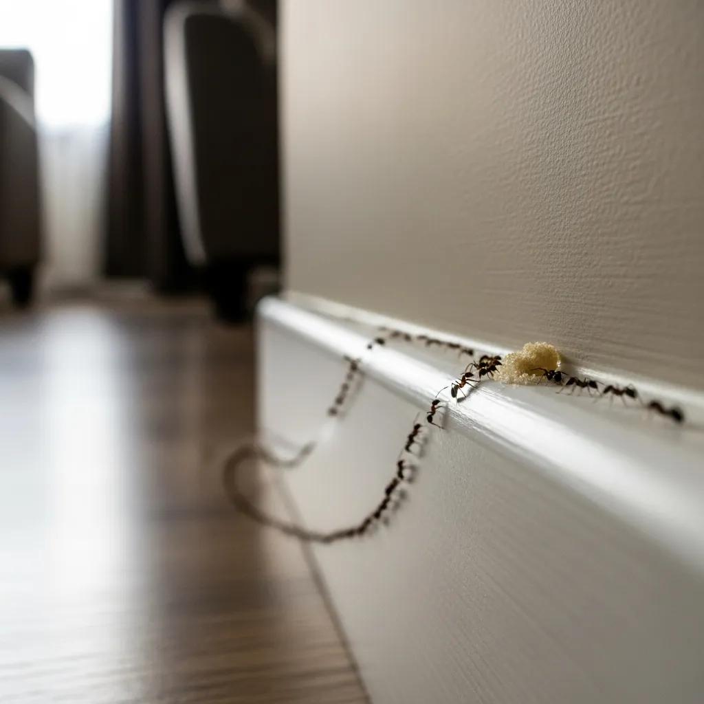 Ant trail running along a baseboard — an example of foraging activity