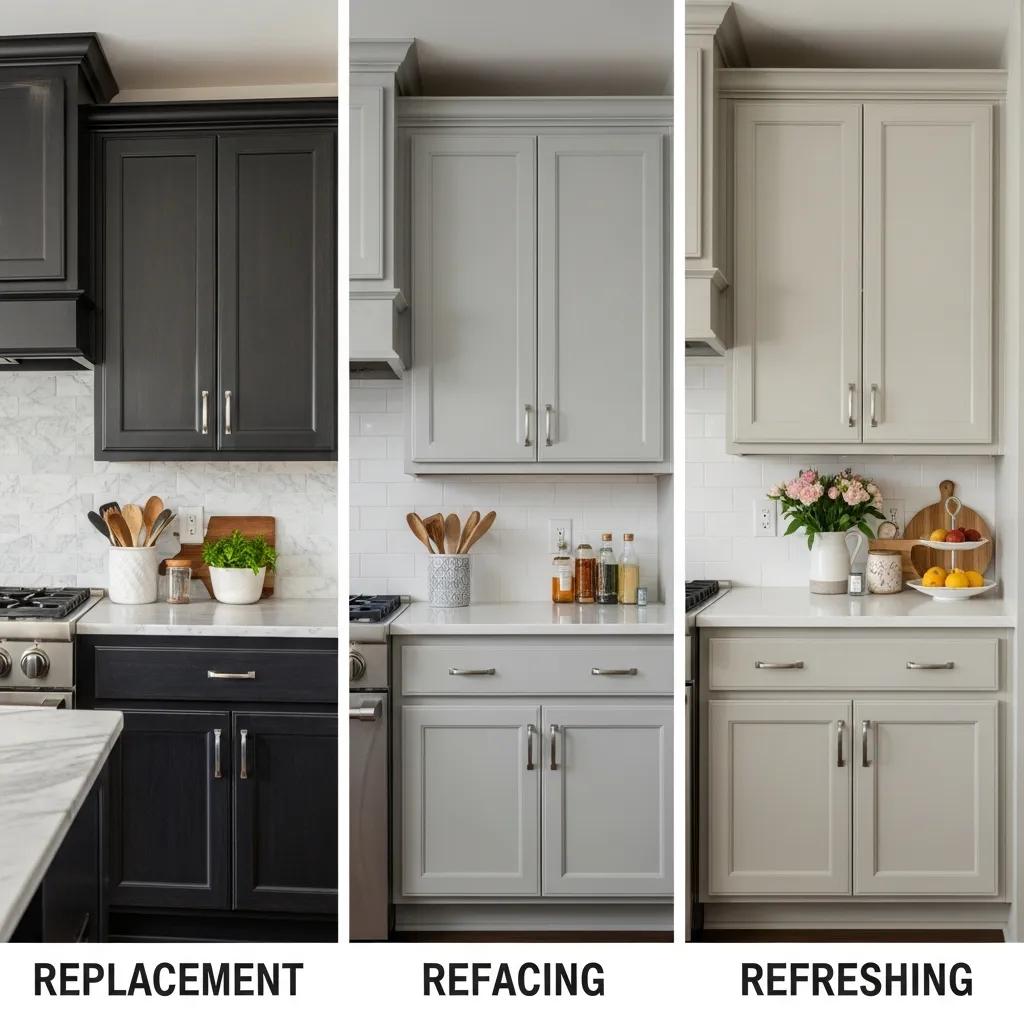 Visual comparison of kitchen cabinet renovation options: replacement, refacing, and refreshing