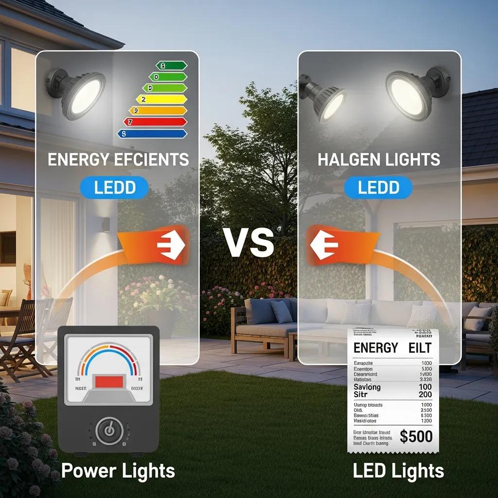 Comparison of LED and halogen outdoor lighting in a landscaped garden at dusk