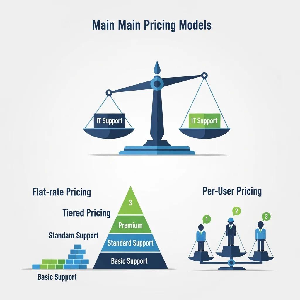 Visual representation of flat-rate, tiered, and per-user pricing models for managed IT support