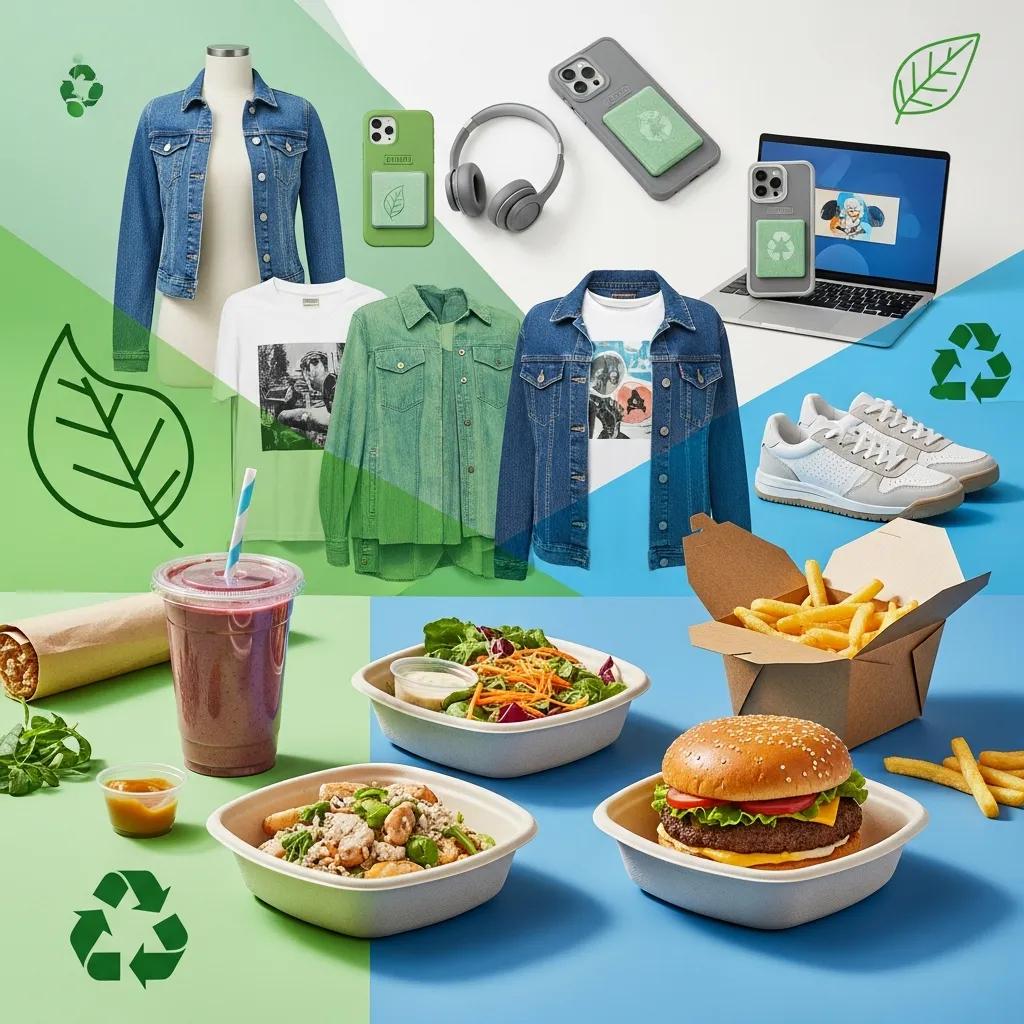 Collage showing food service, fashion, and electronics adopting eco-friendly plastics and sustainable materials