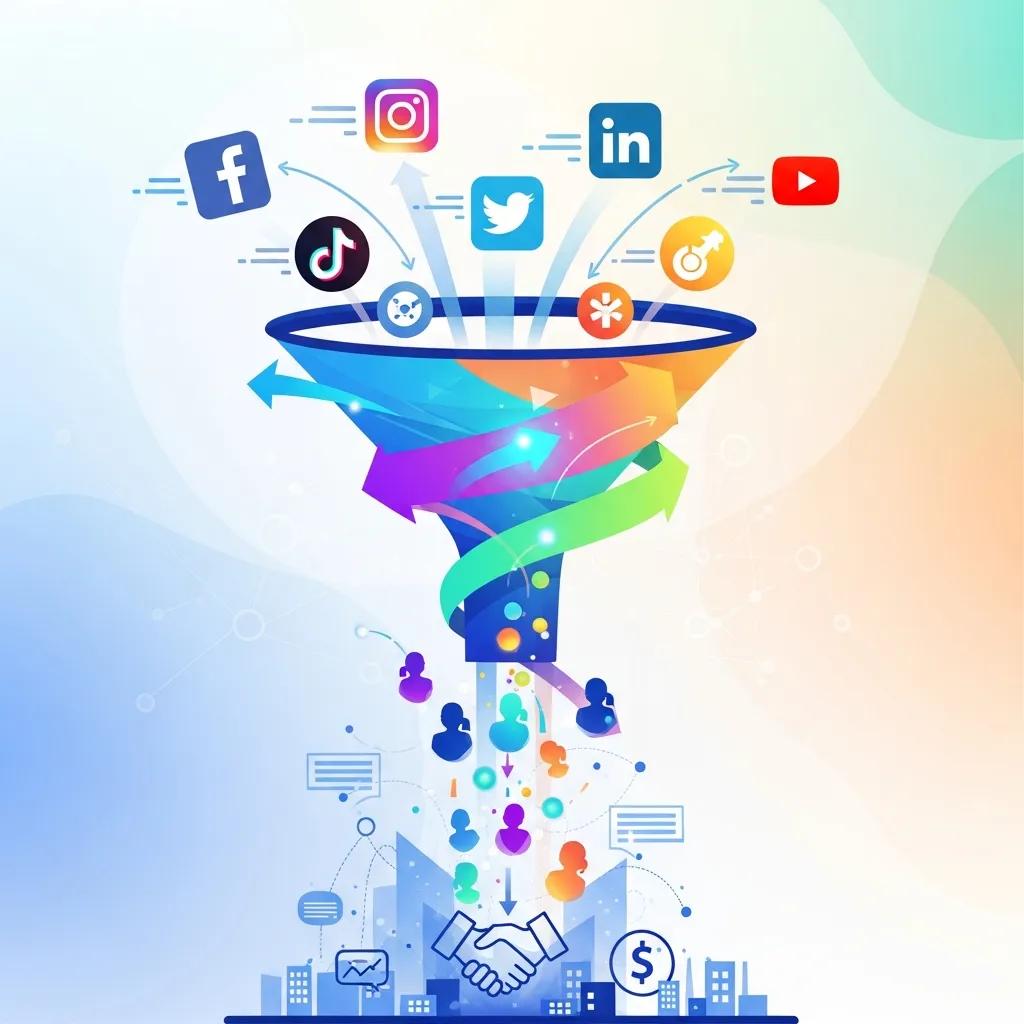 Visual representation of lead generation funnel with social media icons and leads flowing into a business