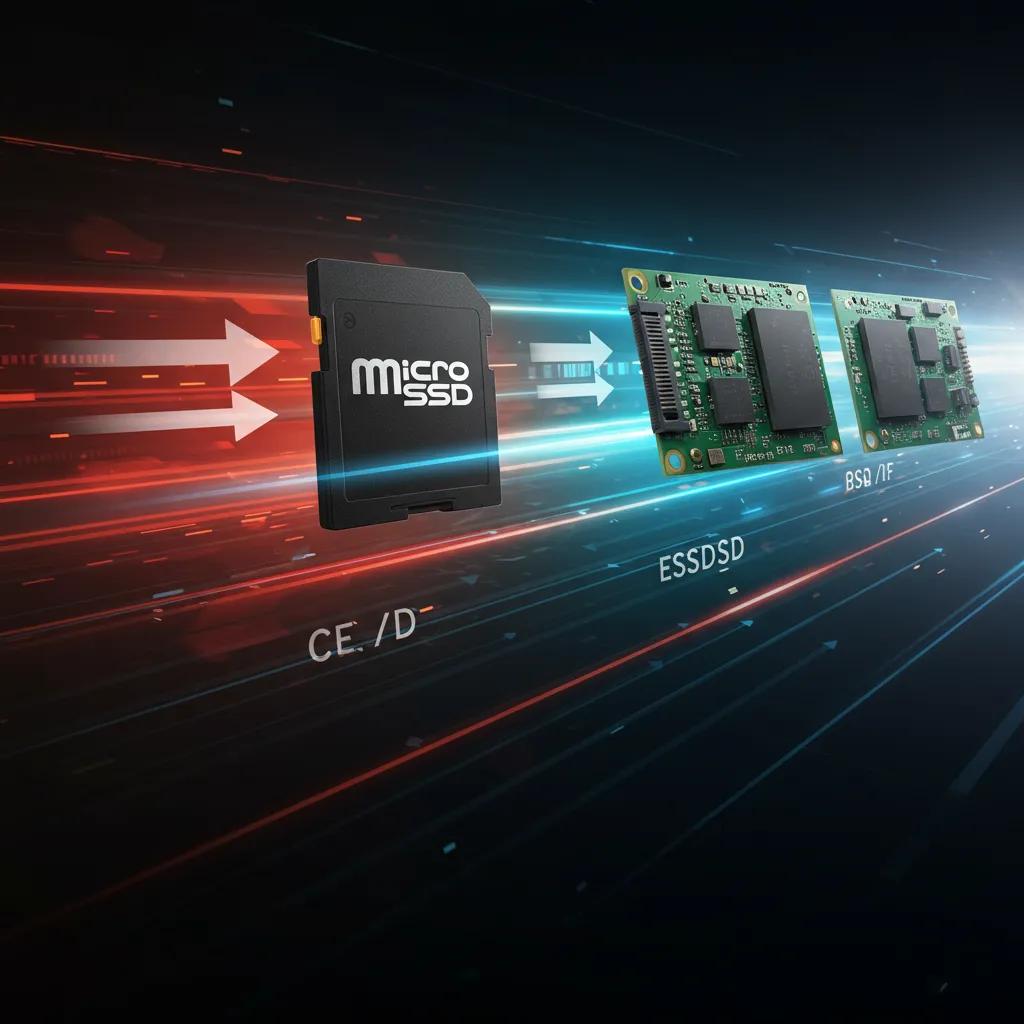 Visual representation of speed and performance differences between SD cards, microSD cards, and SSDs