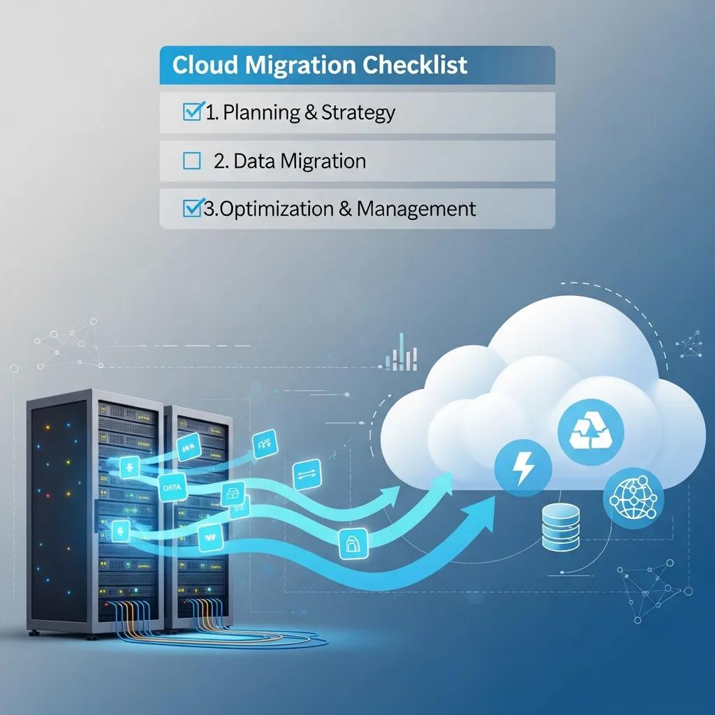Visual representation of the cloud migration process with data transfer and planning elements