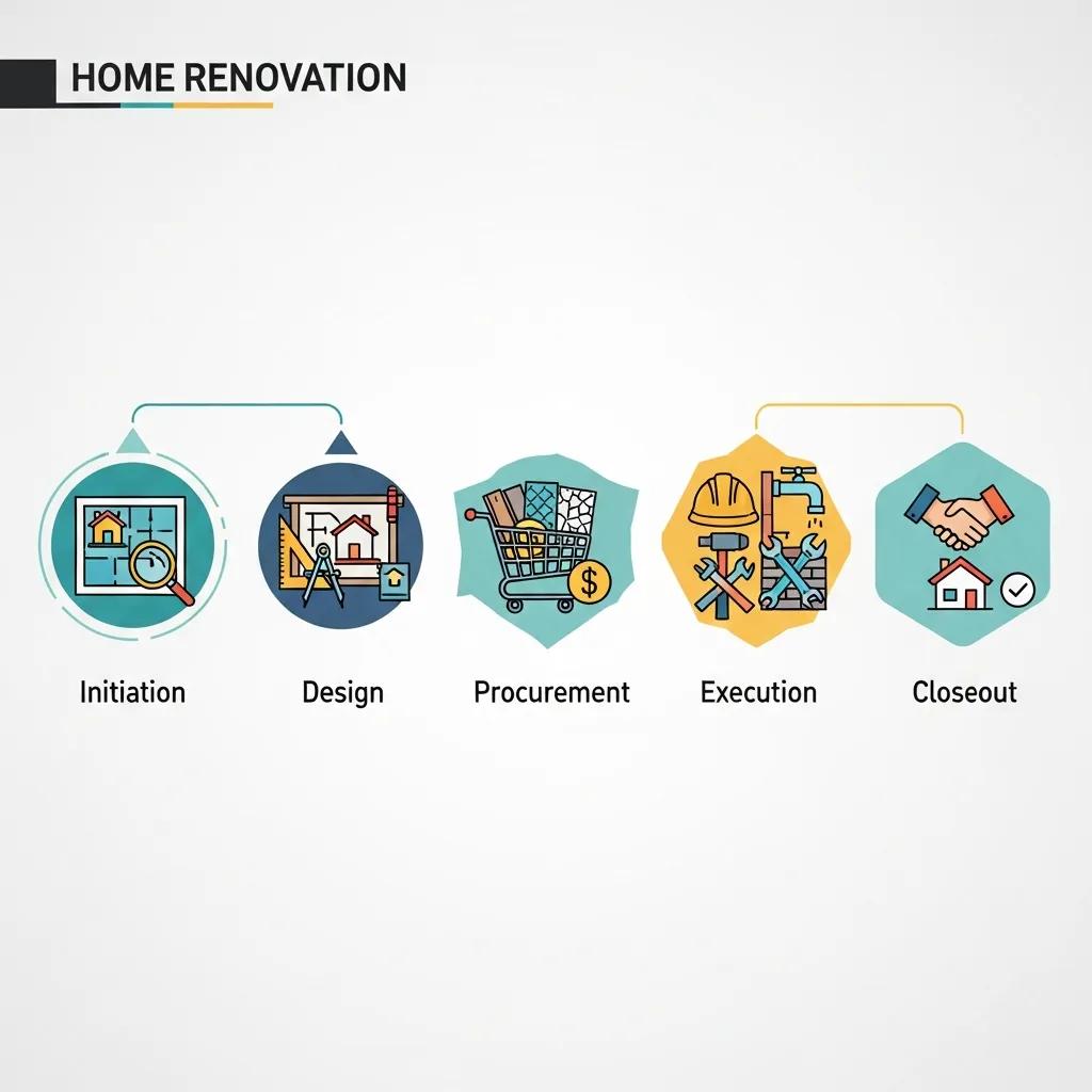 Diagram showing the five core phases of a home renovation project