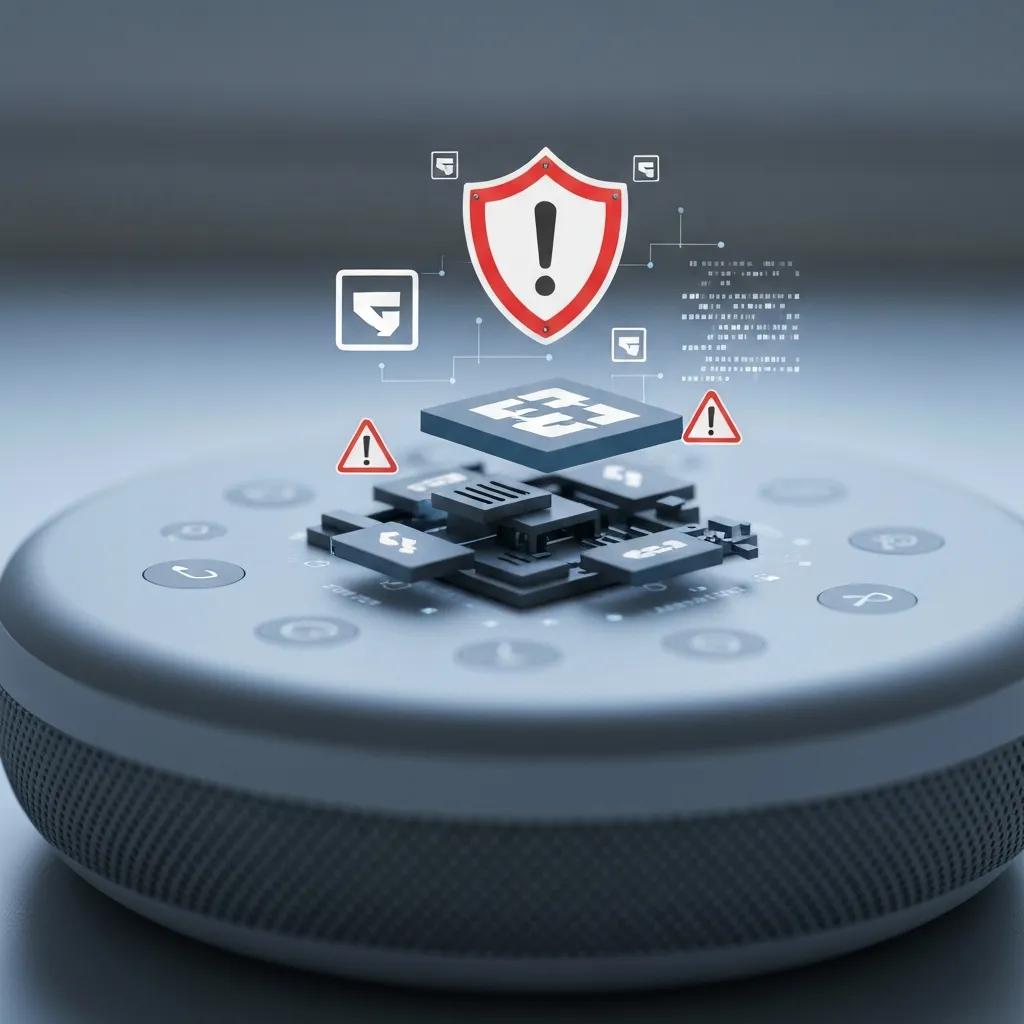 Voice AI device overlaid with digital encryption symbols to illustrate privacy risks Voice AI device overlaid with digital encryption symbols to illustrate privacy risks