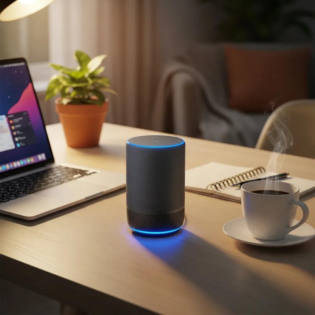 Voice assistant device on a tidy desk, illustrating AI-driven changes in voice technology Voice assistant device on a tidy desk, illustrating AI-driven changes in voice technology