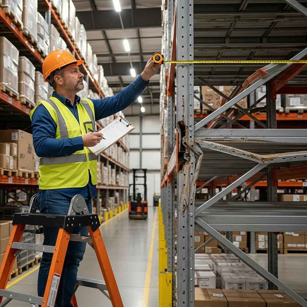 Warehouse inspector assessing pallet rack structural integrity during inspection