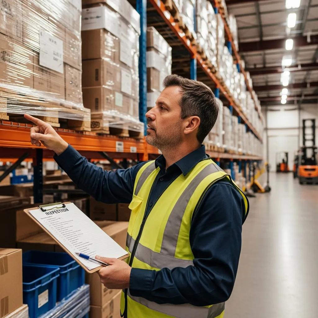 Warehouse manager conducting racking inspection with checklist, assessing safety compliance in a storage facility, surrounded by stacked boxes and pallets.