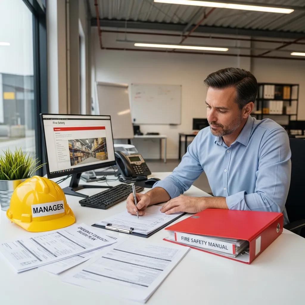 Warehouse manager reviewing fire safety documentation and preparing for inspection, with a fire safety manual and safety helmet labeled "MANAGER" on the desk.