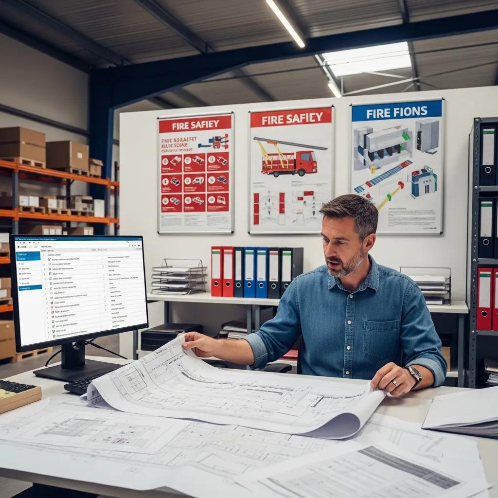 Warehouse manager reviewing fire safety plans and blueprints at a desk with documents and a computer, surrounded by fire safety posters in a storage facility.