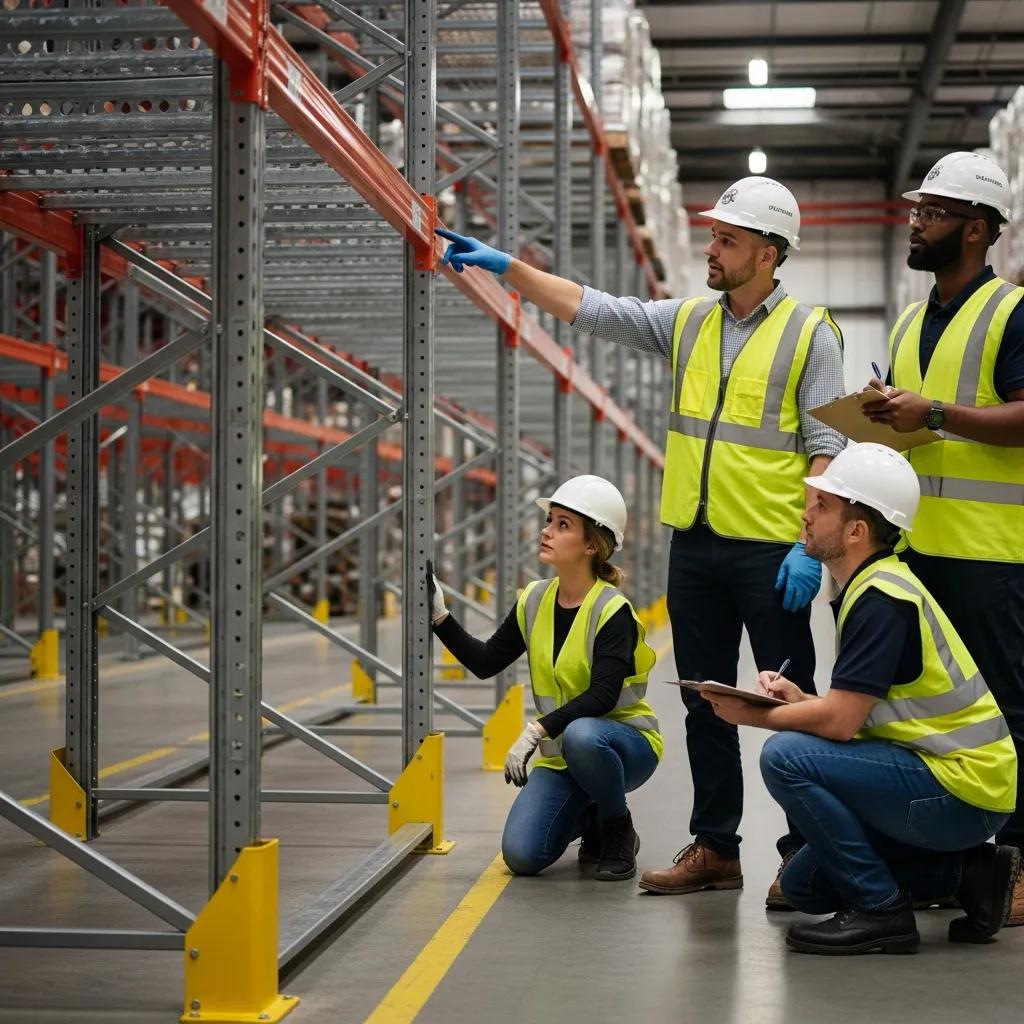 Warehouse staff engaged in hands-on rack inspection training