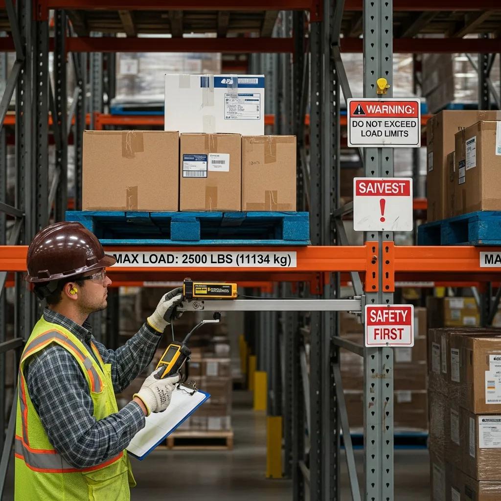 Warehouse worker conducting load capacity testing on pallet racks for safety compliance