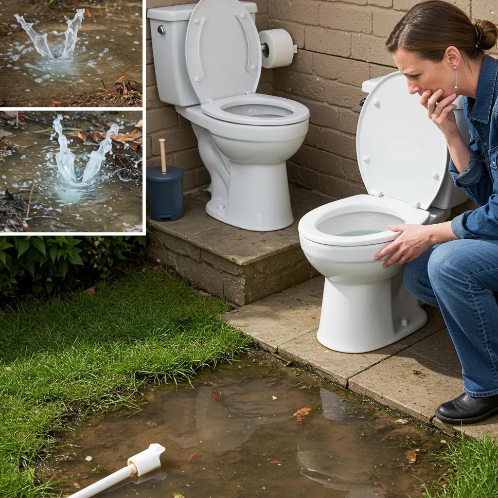 Warning signs of septic system issues with pooling water and a concerned homeowner