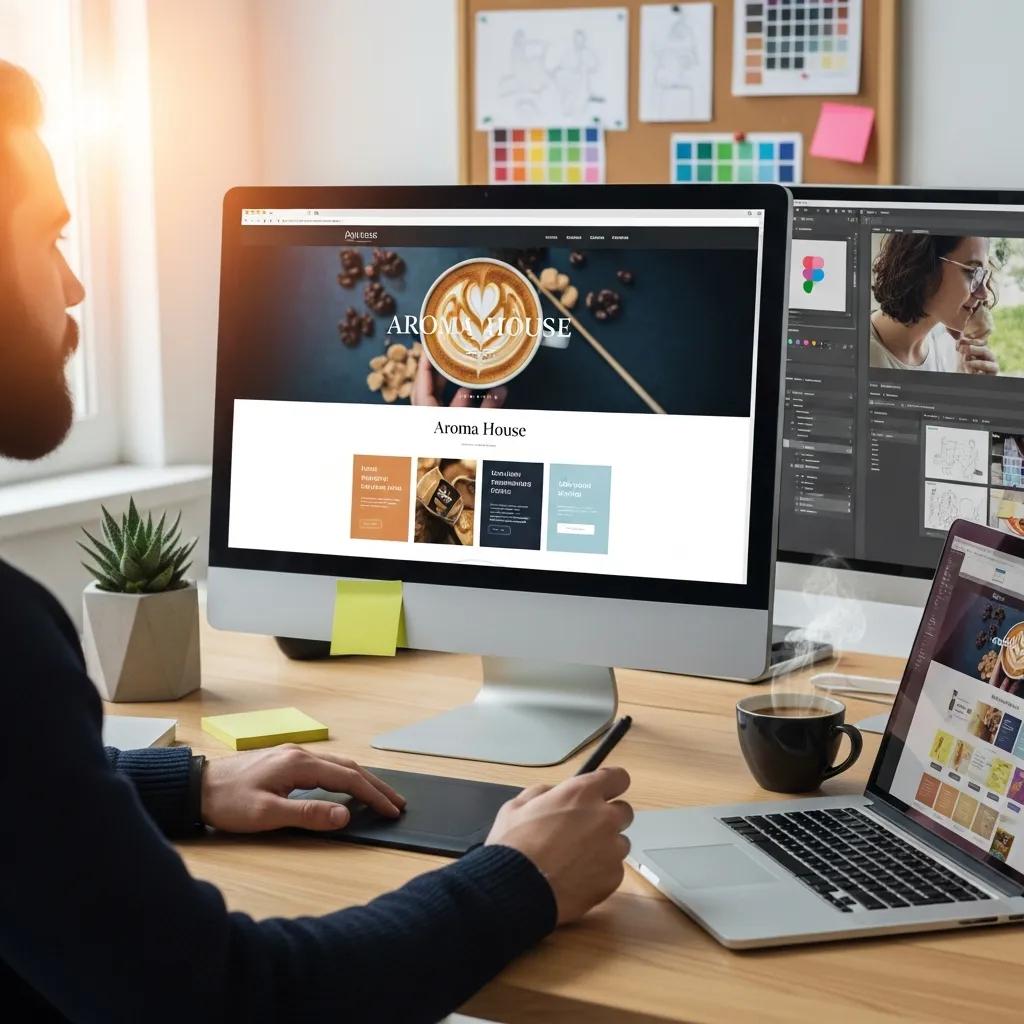 Web designer creating a visually appealing website layout on a computer