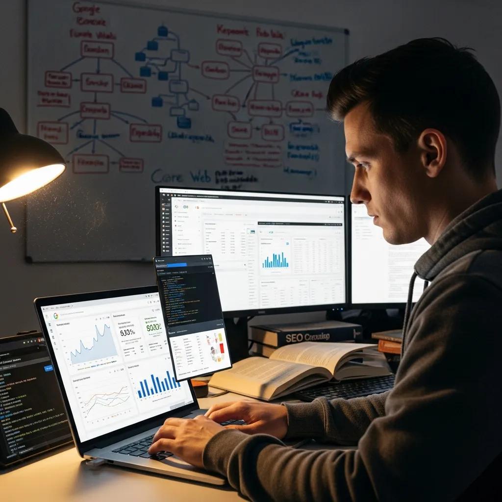 Web developer analyzing website performance metrics, focusing on technical SEO components
