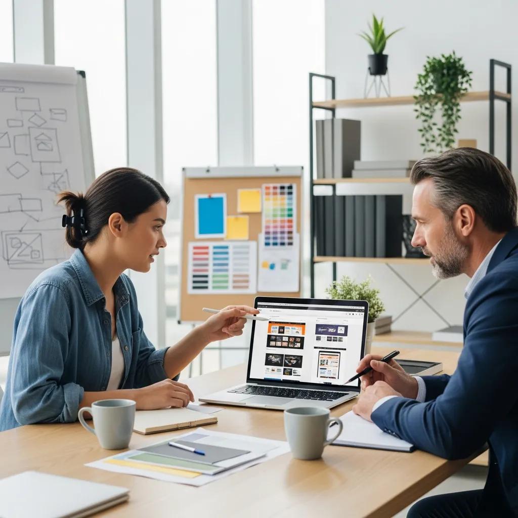 Web developer and client reviewing website design drafts in a modern office
