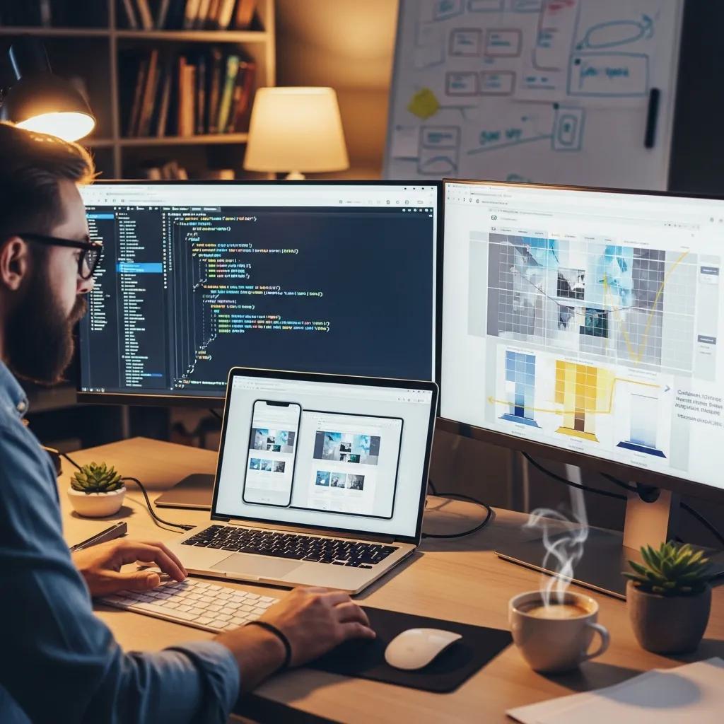 Developer building responsive layouts across multiple screens to support mobile‑first techniques