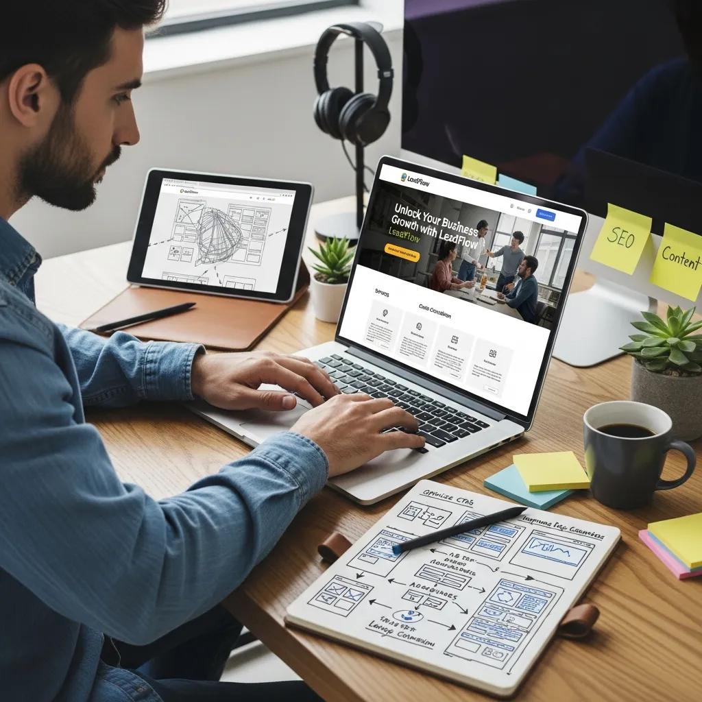 Developer building a custom website on a laptop, focusing on layout and conversion elements