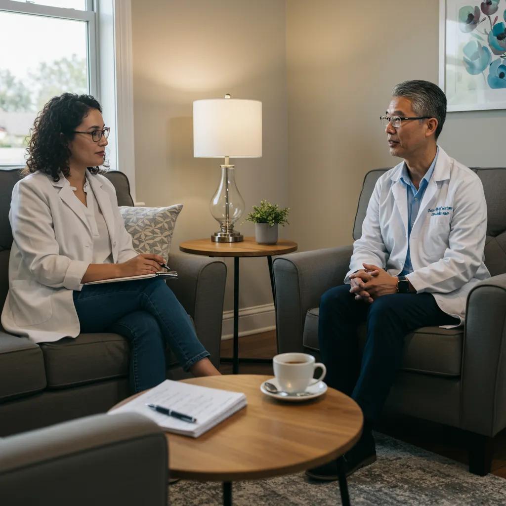 Welcoming first therapy session illustrating trust and openness between therapist and client Welcoming first therapy session illustrating trust and openness between therapist and client