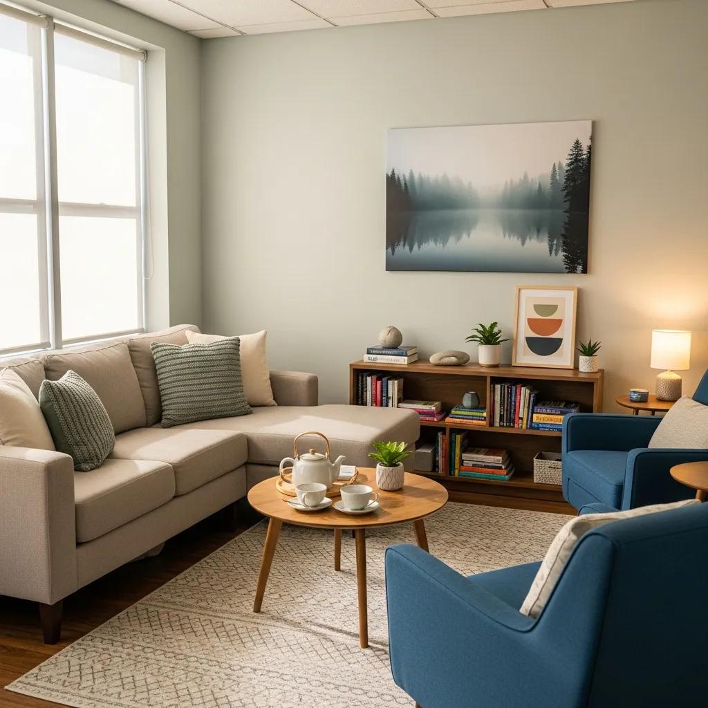 Warm, inviting therapy office with comfortable seating and calming decor